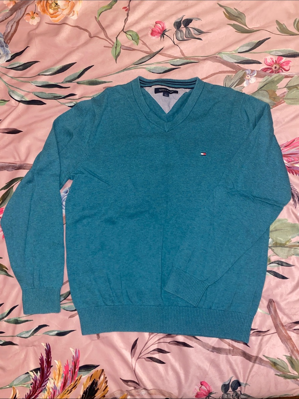 Tommy Hilfiger Teal V-Neck Men’s Sweater 100% Cotton